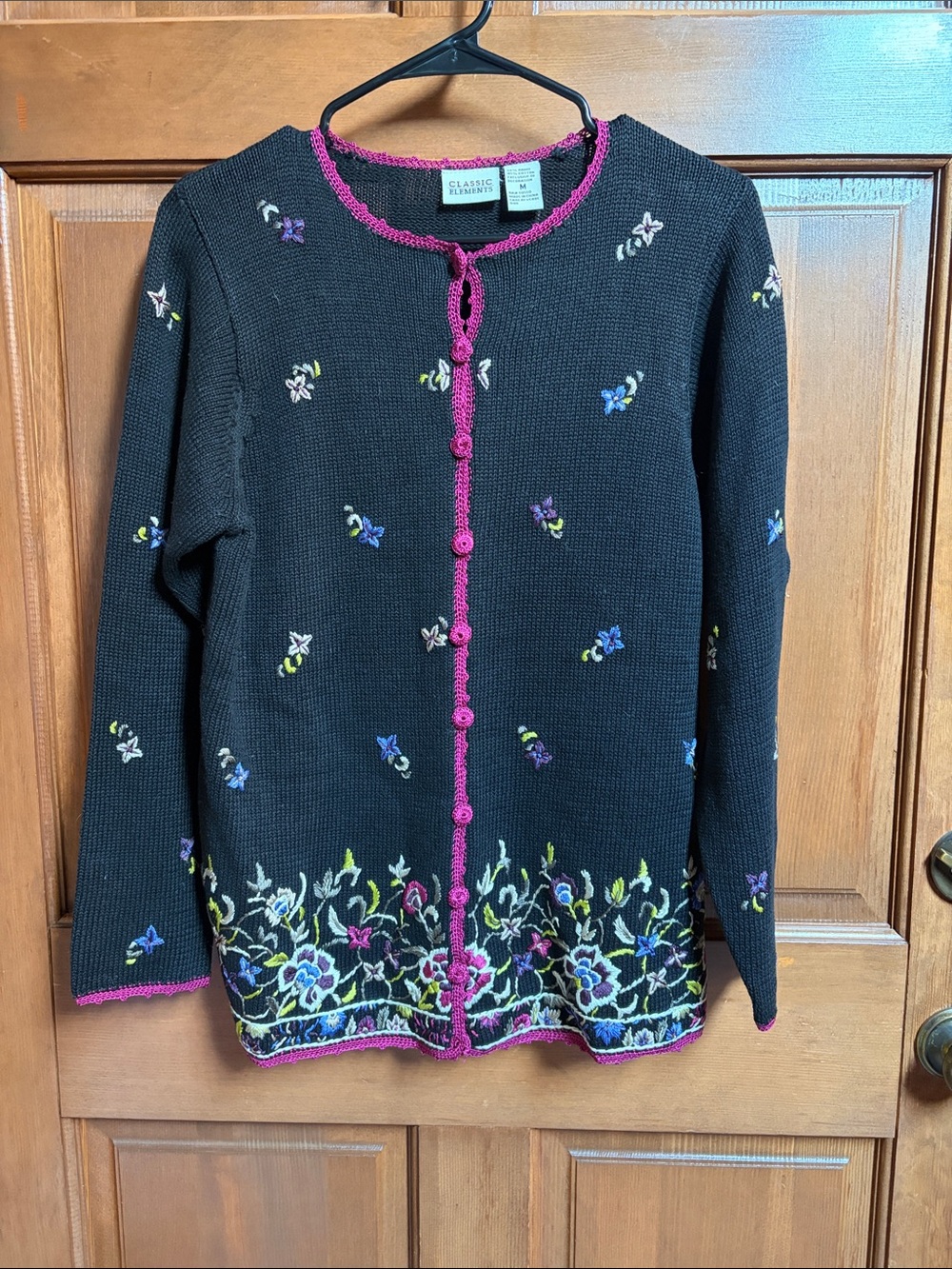 Classic Elements Black Cardigan with Pink Trim and Multicolor Floral Embroidery